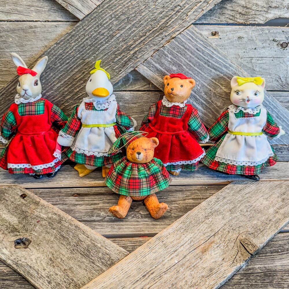 1970’s Special Appts-Vintage Porcelain Animal Dolls in Holiday Clothing-Set of 4